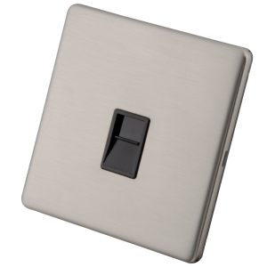 1 Gang Cat 5E Socket Black Insert Brushed Stainless Steel Screwless - Image 1